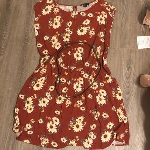 Burgundy Floral Dress with Brown Belt